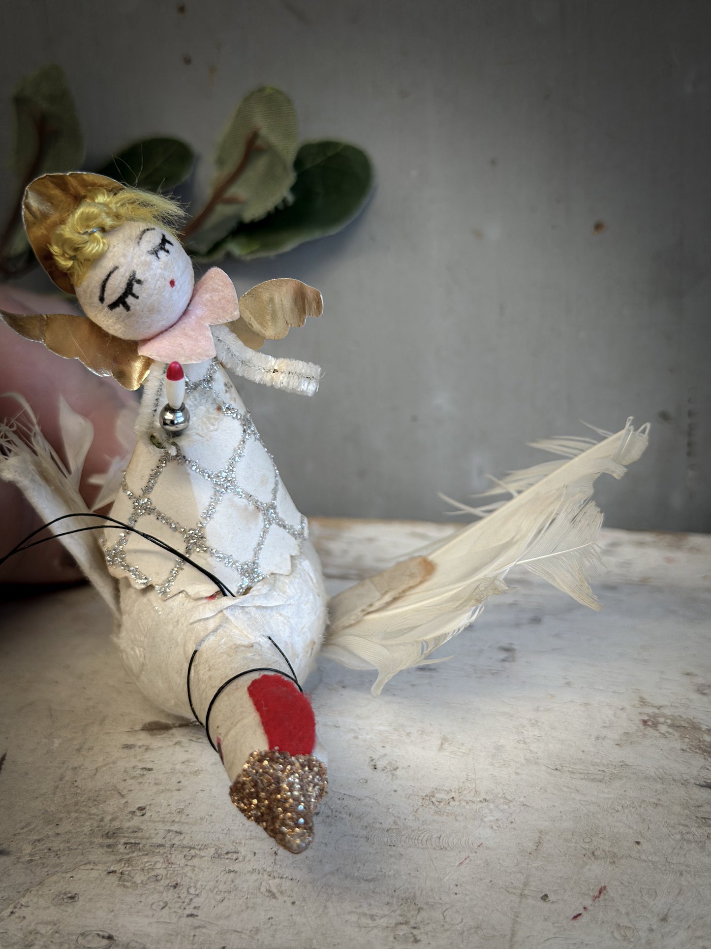 Mid-Century Japanese Spun-Cotton Angel Riding a Goose – Feather Wings & Mica Glitter – c.1950s–60s
