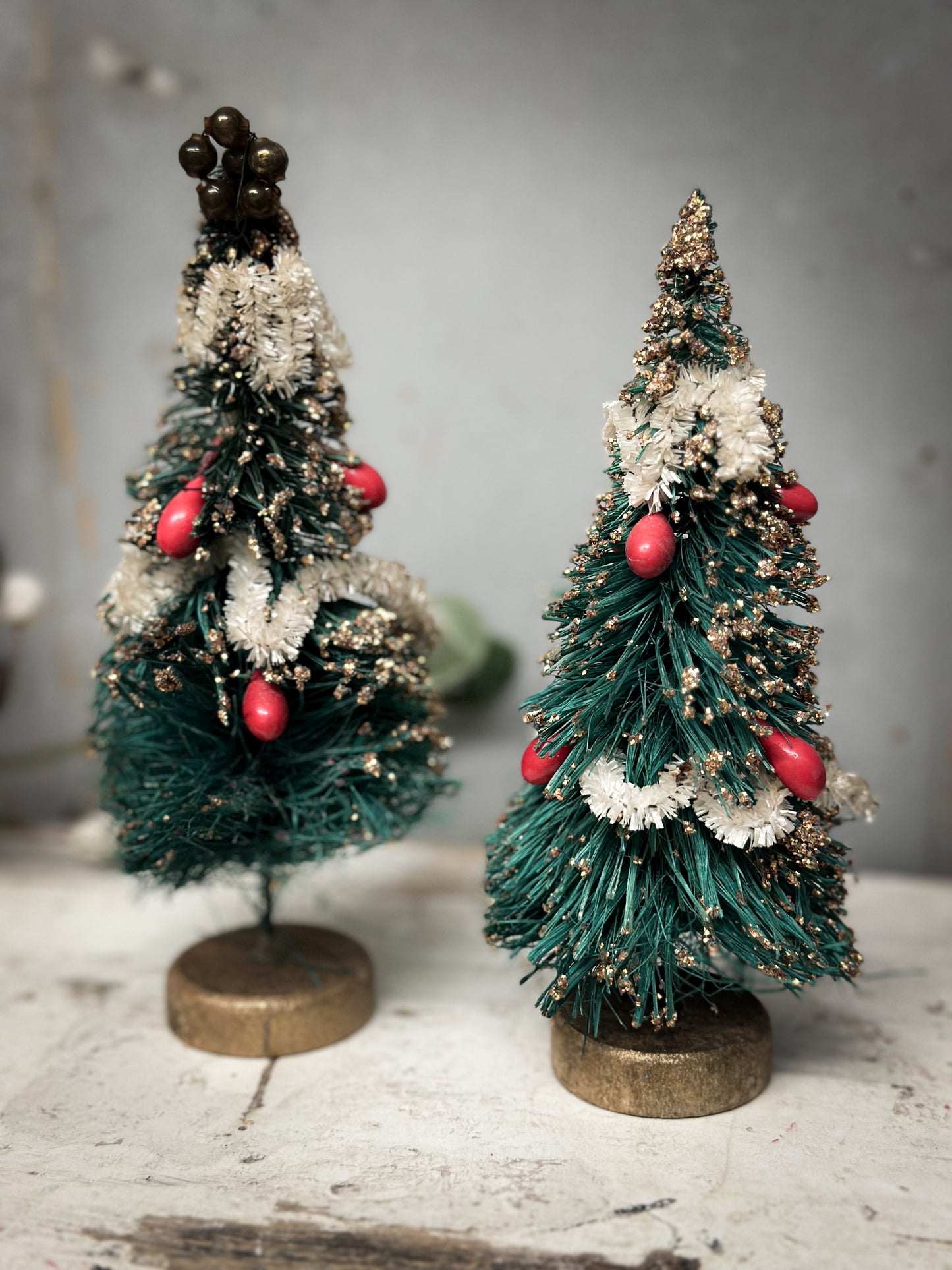 A Pair of Mid-Century Japanese Bottle-Brush Christmas Trees with Baubles – c.1950s–60s