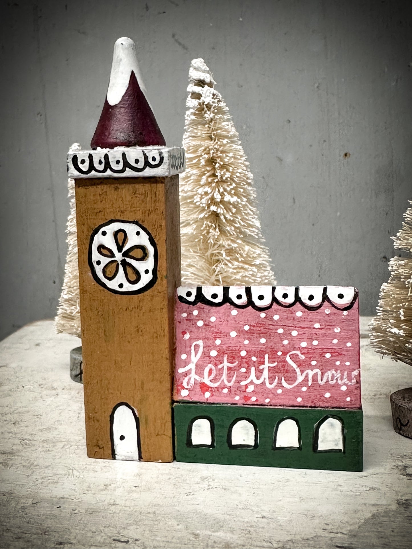 A Large Vintage German Erzgebirge Putz Wooden Village House “Let it Snow”