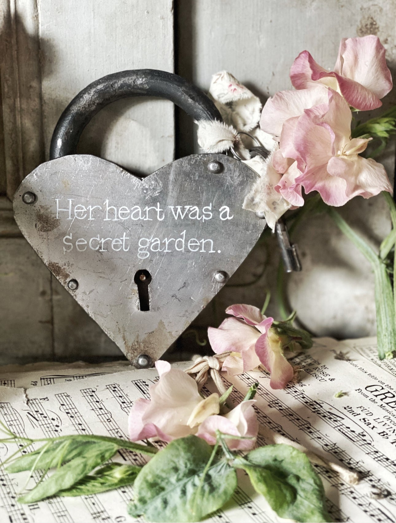 A beautiful hand painted rustic heart iron padlock with keys  "Her heart was a secret garden." A unique Valentine’s Day gift