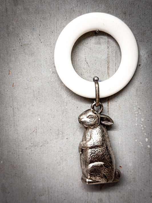 Vintage Baby Teething Ring with Silver Plated Rabbit Rattle