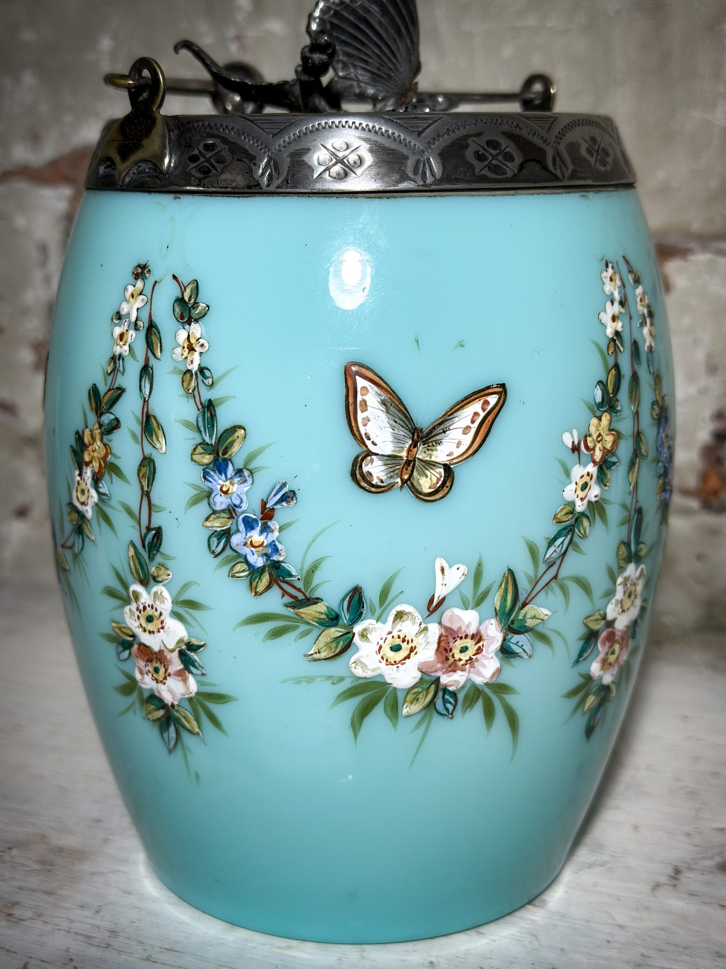 Antique lady’s Enamelled Milk Glass Boudoir Biscuit Barrel