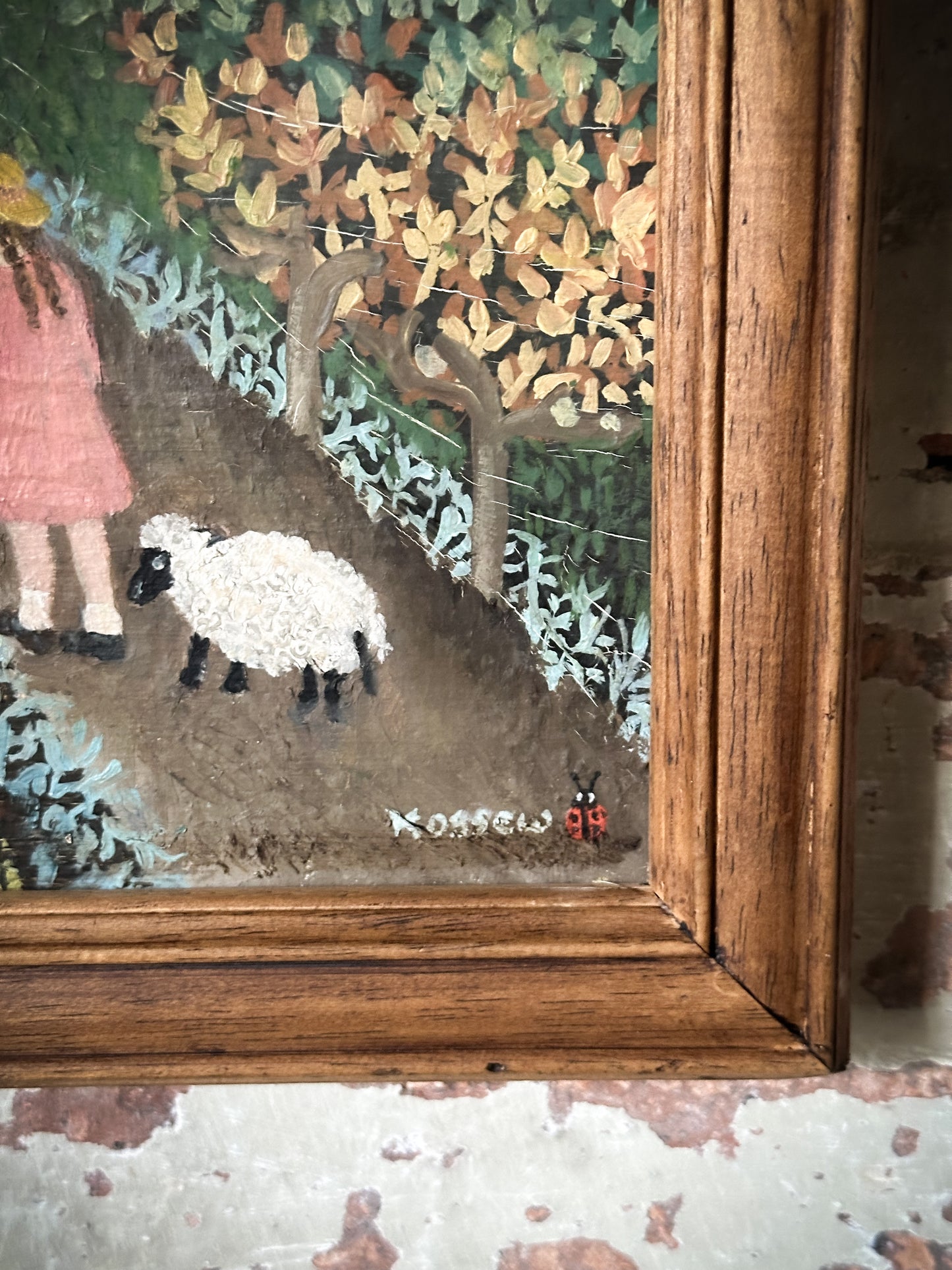 A Wonderful Vintage Naive Oil on Canvas Painting of a Nursery Rhyme “Mary Had a Little Lamb”