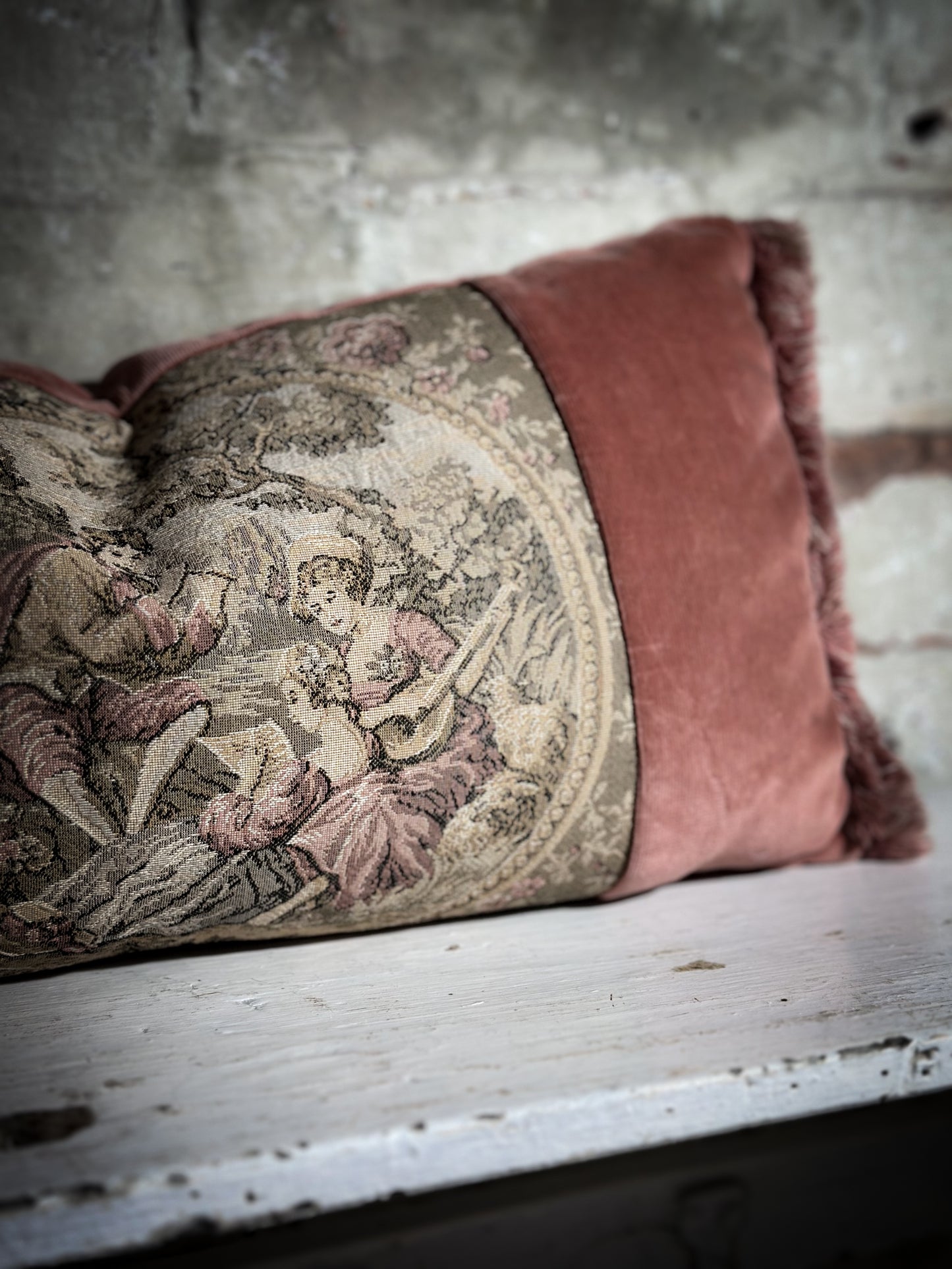 A Vintage Velvet Tapestry Fragonard Mini Bolster Cushion