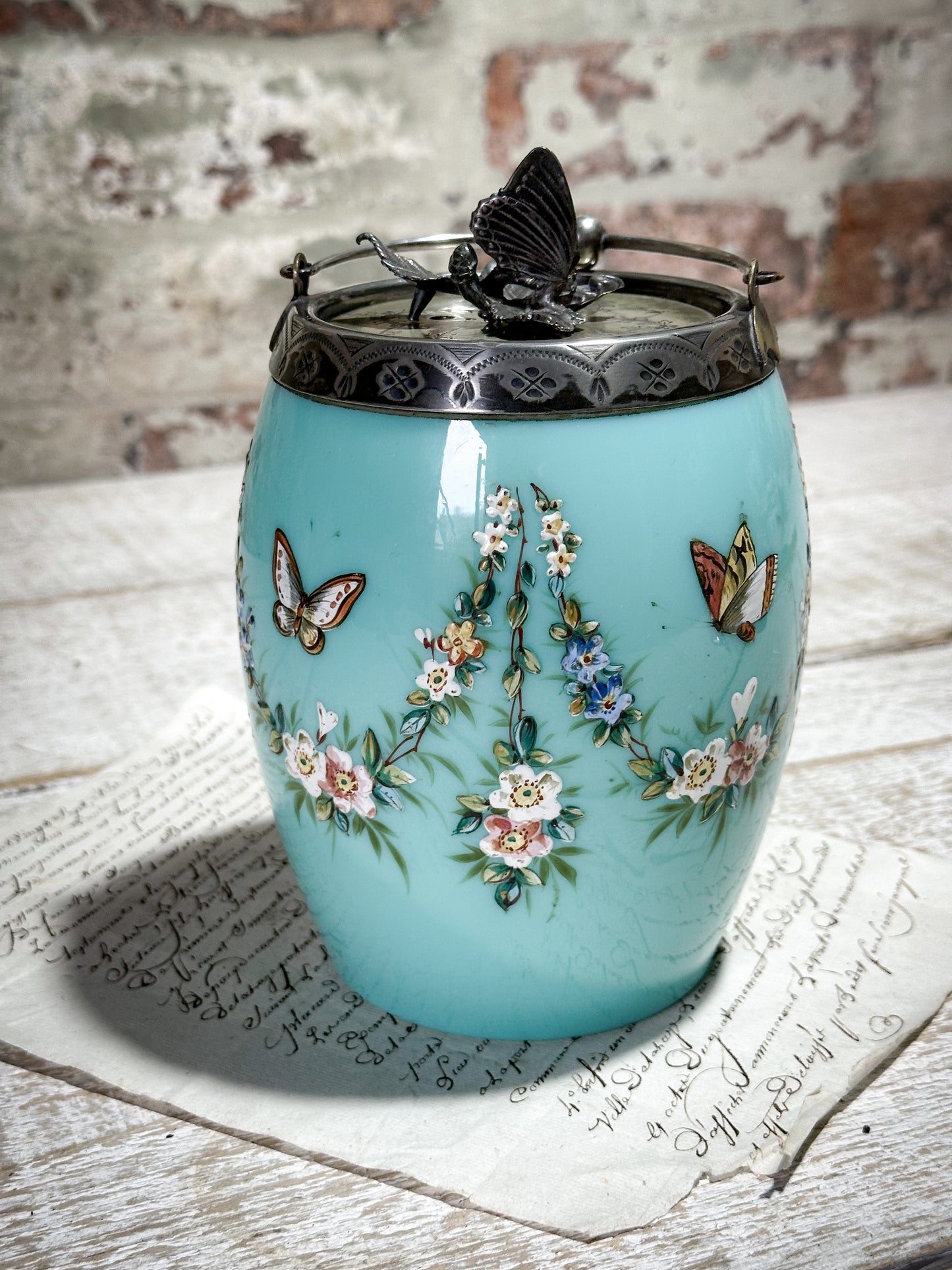 Antique lady’s Enamelled Milk Glass Boudoir Biscuit Barrel