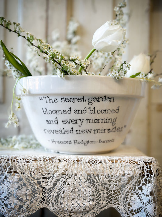 A beautiful large vintage Illustrated Ironstone pudding bowl with a hand painted quote