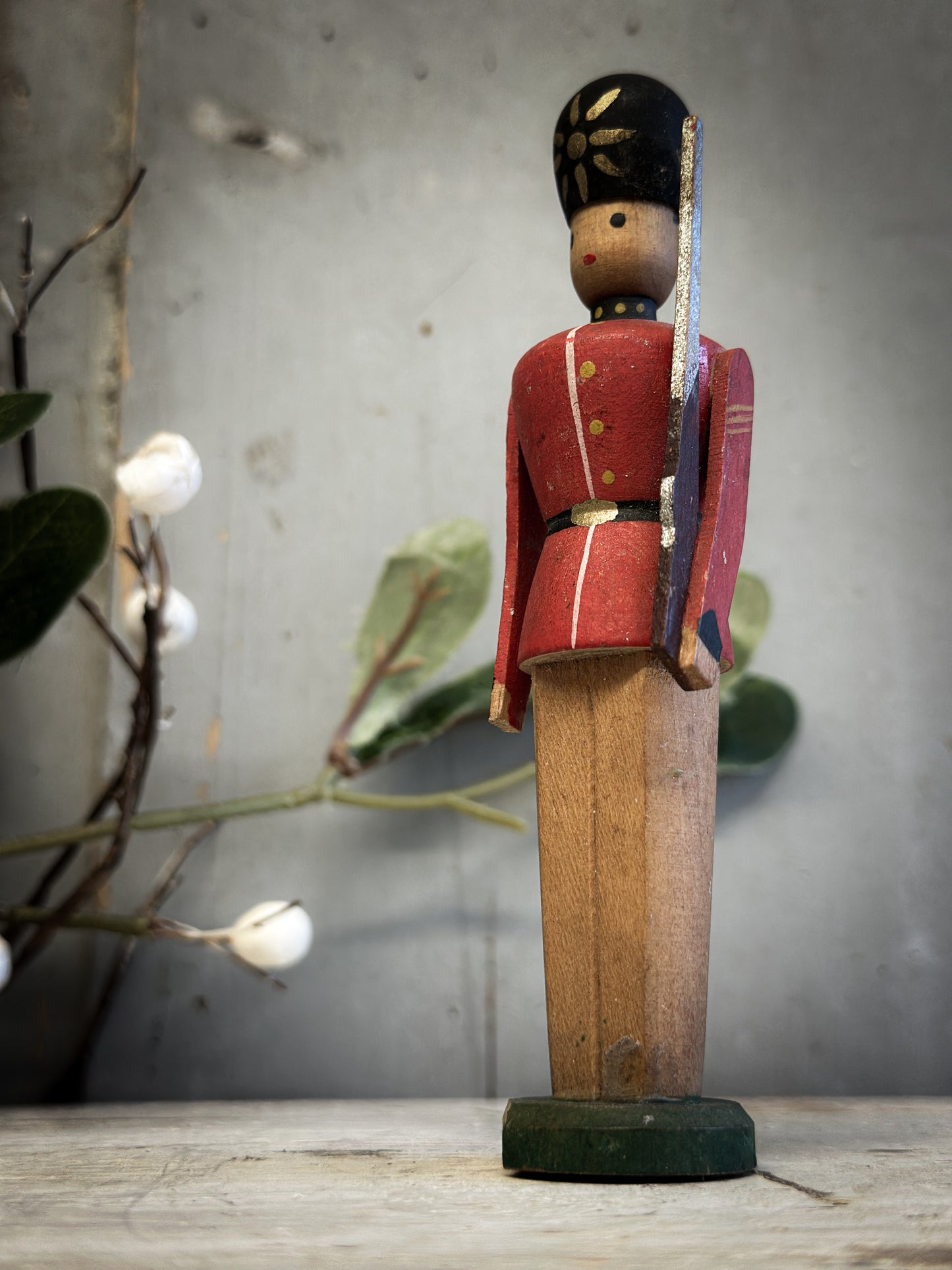 Mid-Century Hand-Painted Wooden British Guardsman (c. 1950s–1960s)