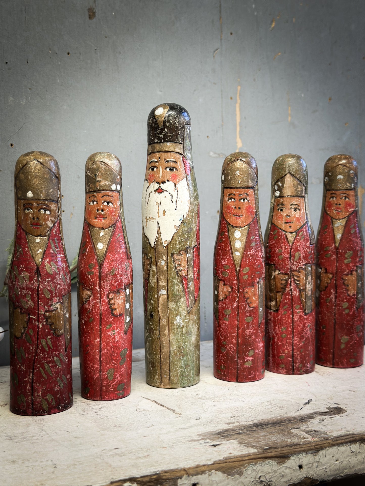 Exquisite Antique Hand-Carved Santa Figures – Set of Six (c. 1920–1930, Ex-Bletchley Museum Collection)