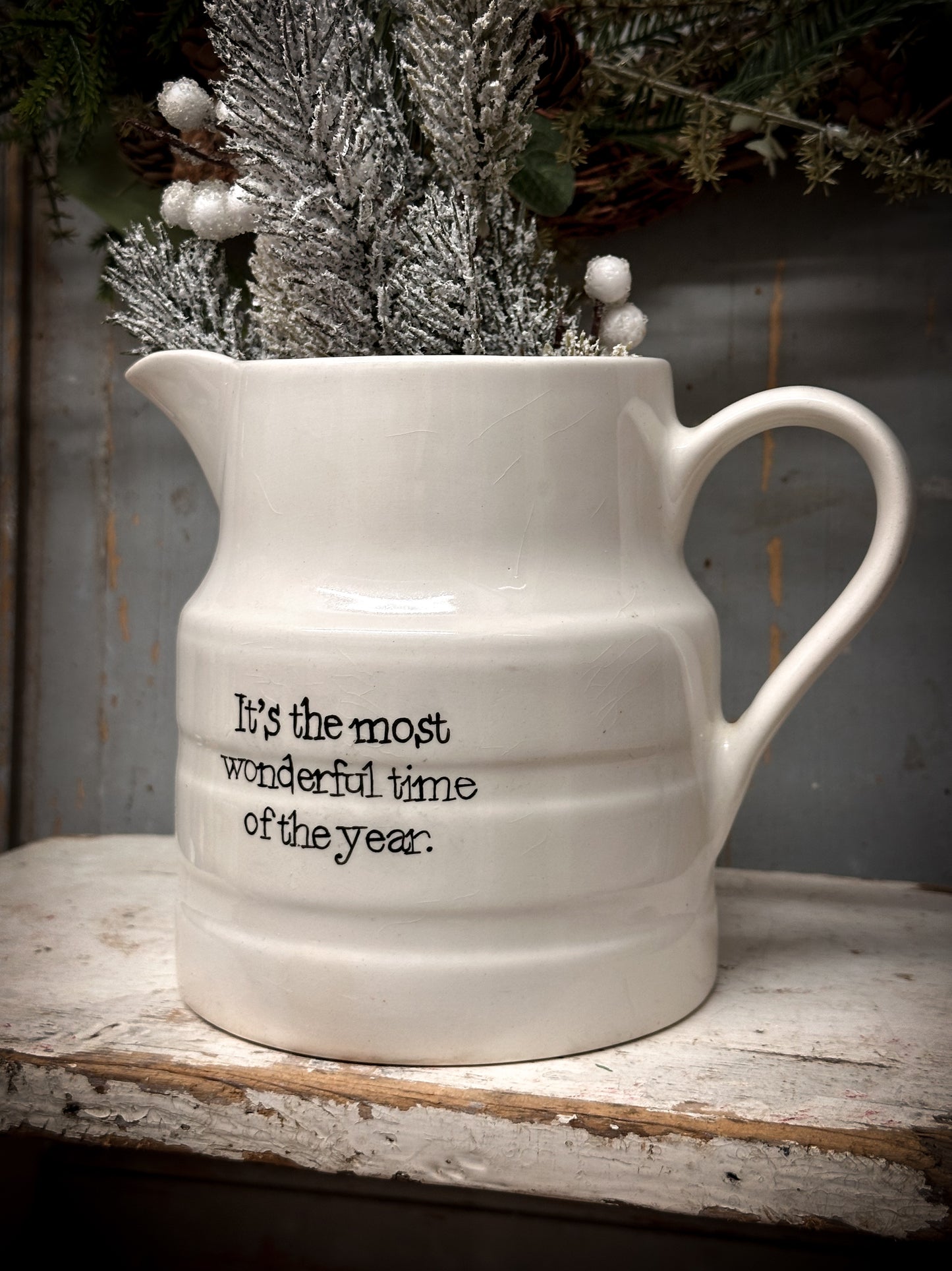 An Antique Ironstone Banded Jug with a Christmas hand painted quote