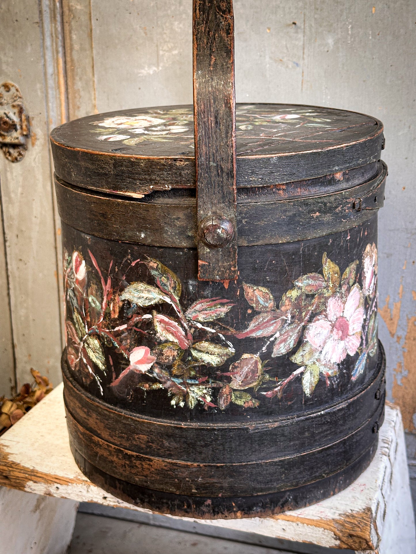 Antique Hand Painted Wooden Firkin Bucket (Scandi Folk Style)