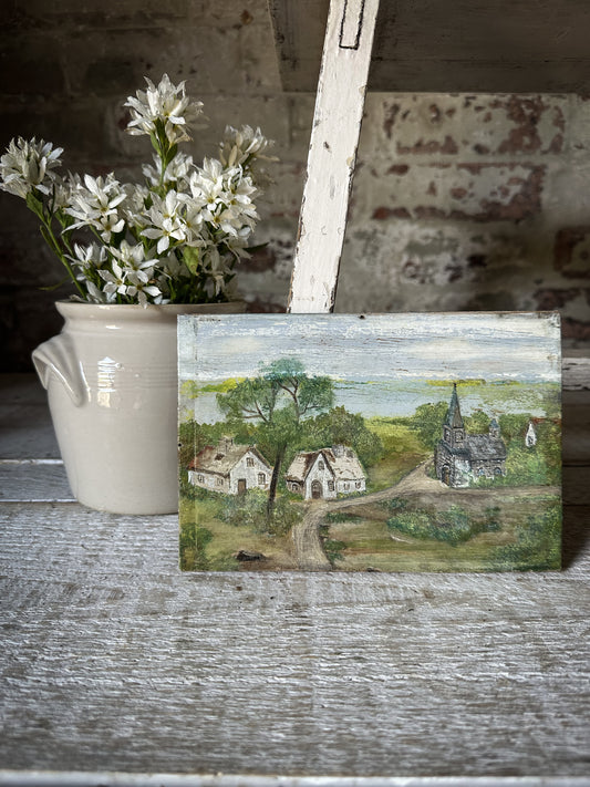 Antique French Naive Oil Painting on Wooden Panel