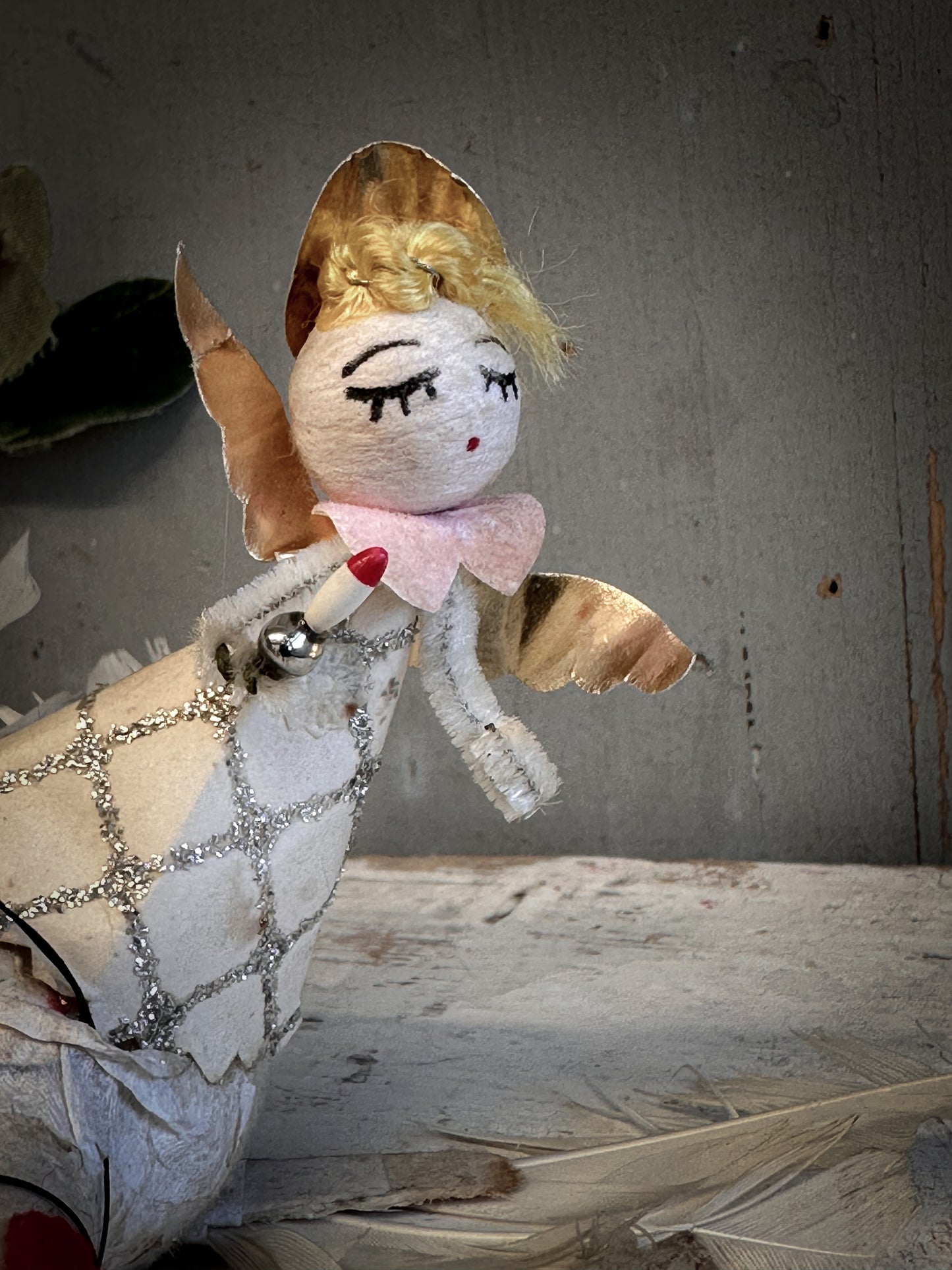 Mid-Century Japanese Spun-Cotton Angel Riding a Goose – Feather Wings & Mica Glitter – c.1950s–60s