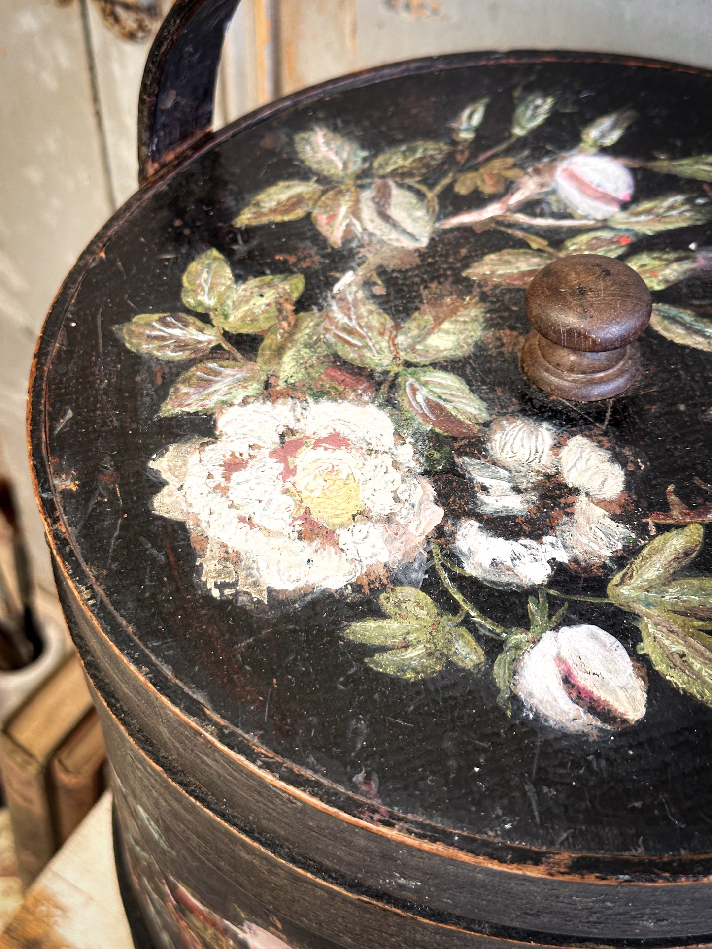 Antique Hand Painted Wooden Firkin Bucket (Scandi Folk Style)