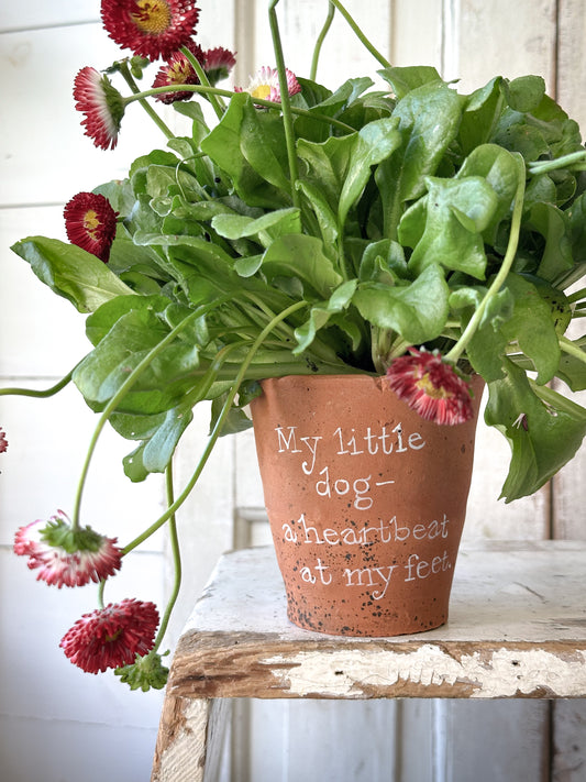 A Victorian terracotta pot with a quote “ My Little Dog”