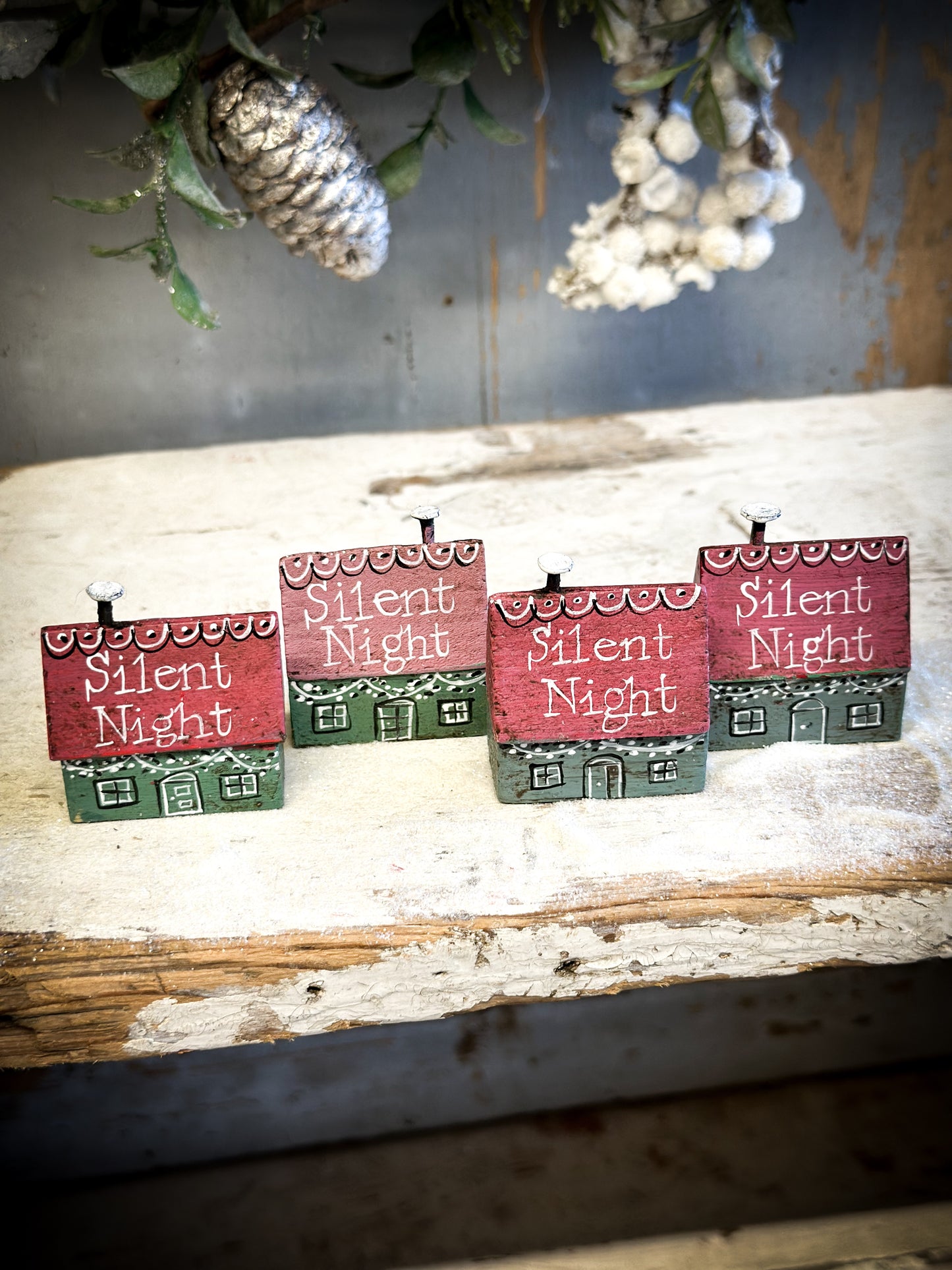 A Pretty Vintage German Erzgebirge Putz Wooden Village House “Silent Night”