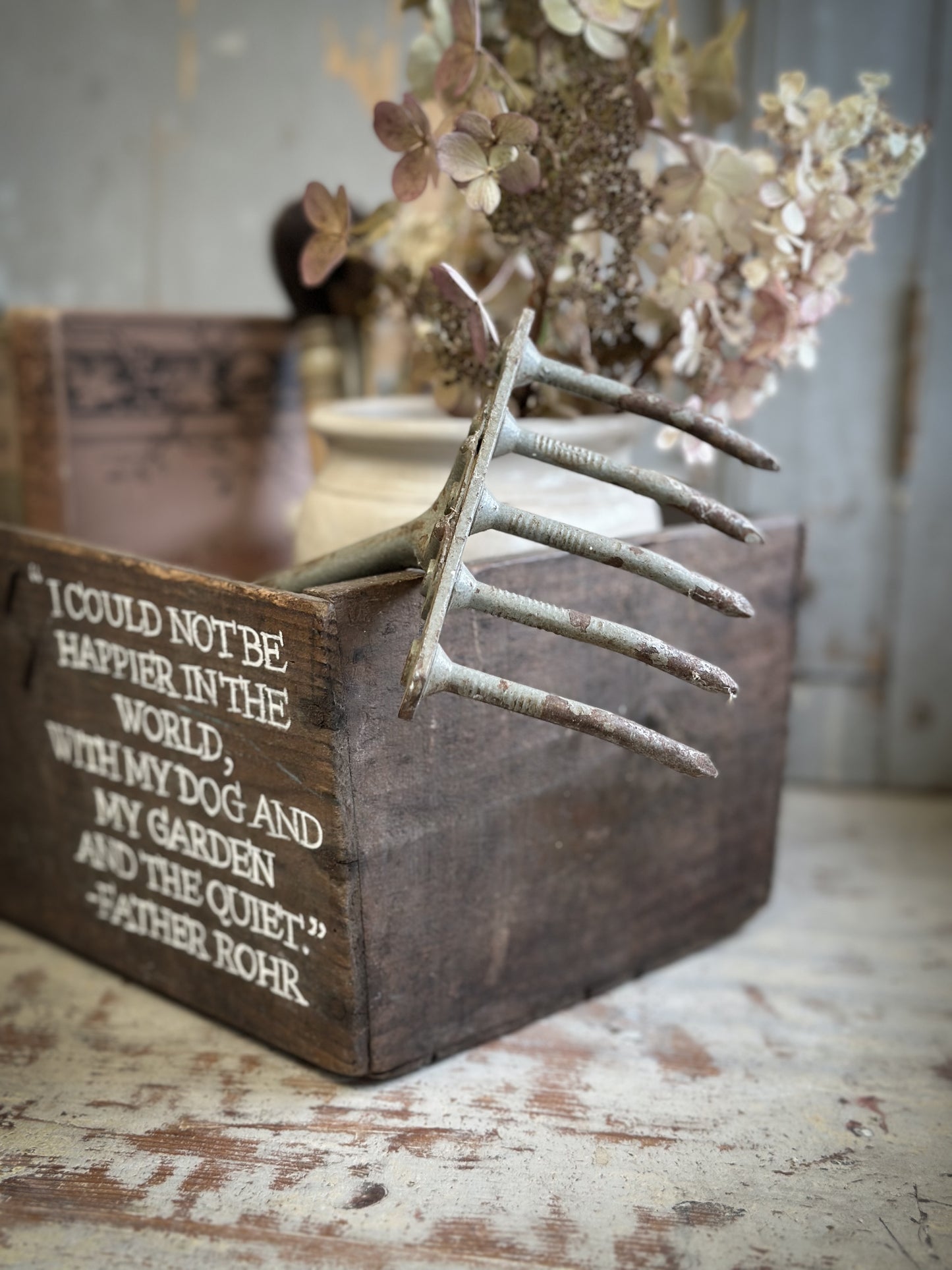 A Vintage Wooden Tomato Crate With Hand Painted Quote