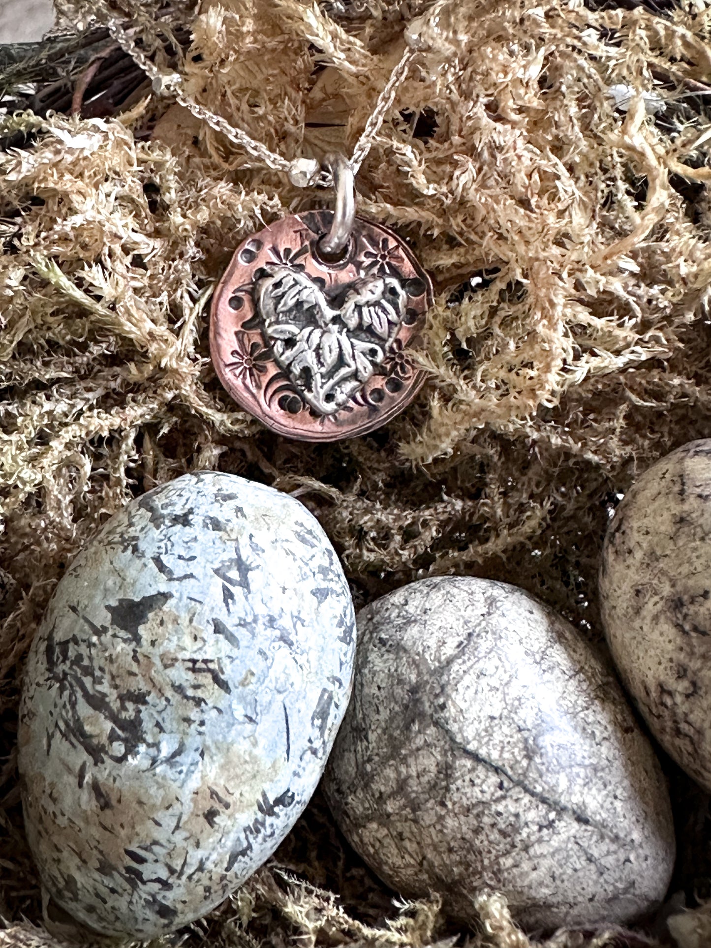 Moon Garden Heart Necklace – Fine Silver Wedgwood Sprig on Star-Stamped Copper