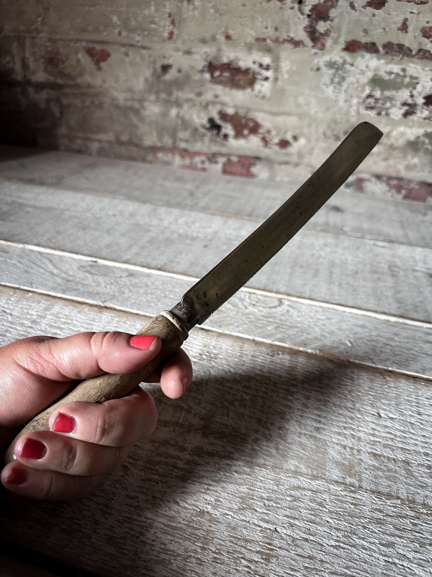 Antique English Treen Bread Knife | Hand-Carved “BREAD” Folk Art Handle | 33cm Kitchenalia