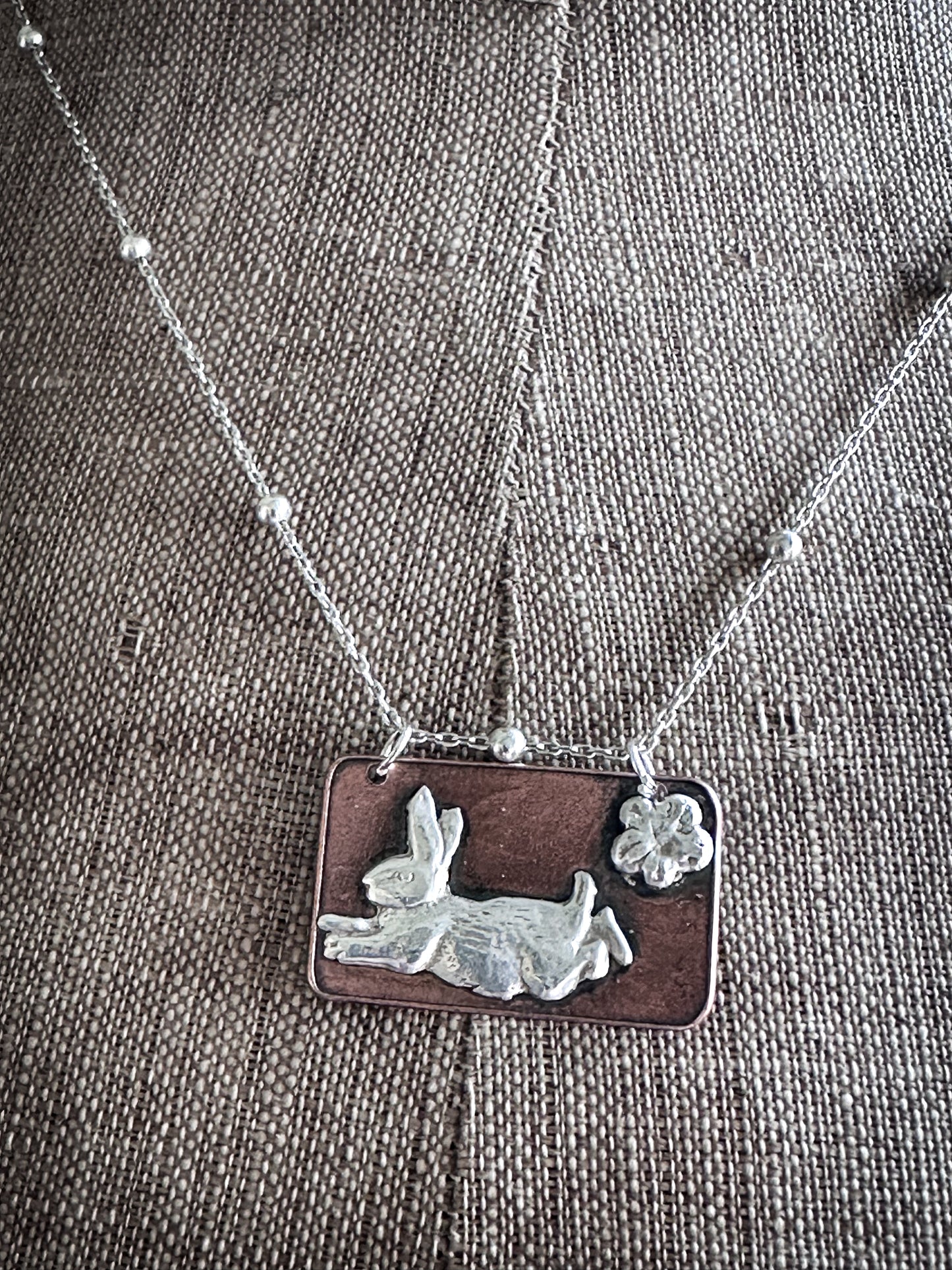 Meadow Rabbit Pendant – Silver & Etched Copper Necklace