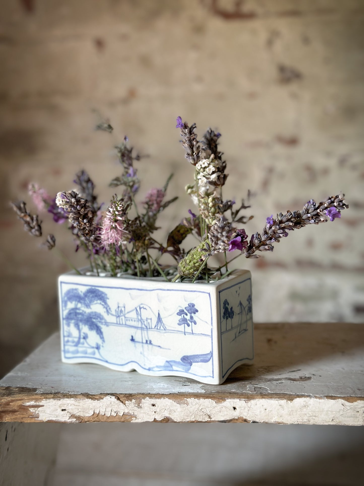 A beautiful Isis by Deborah seers Oxford, blue and white flower brick, tulipiere, flower frog, blue and white tin glaze vase