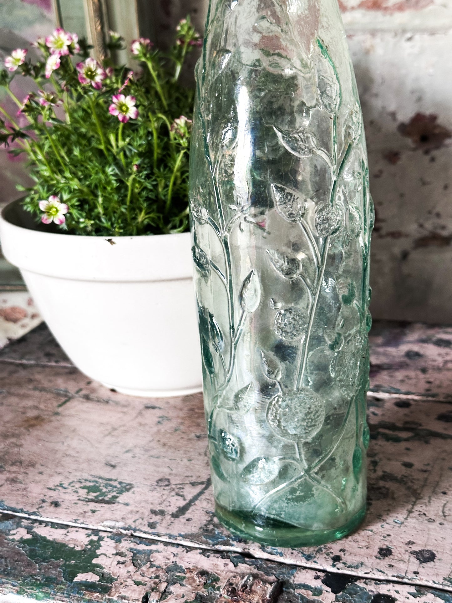 Victorian Rose’s Lime Cordial Bottle – Tall Embossed Floral Aqua Glass
