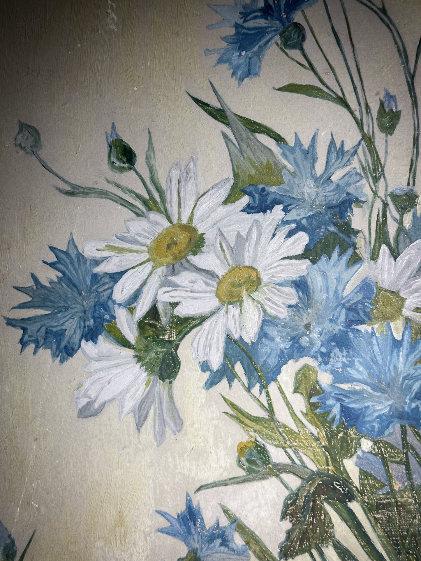 A Vintage oil on board painting of Daisies and Cornflowers