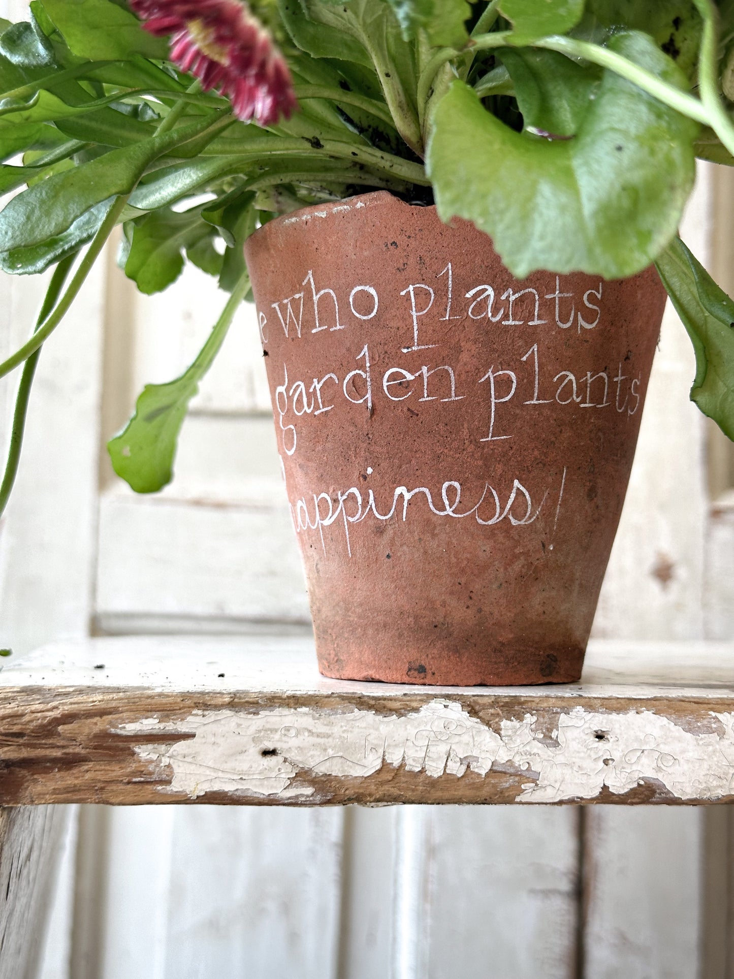 A Victorian terracotta pot with a quote “He who plants a garden”