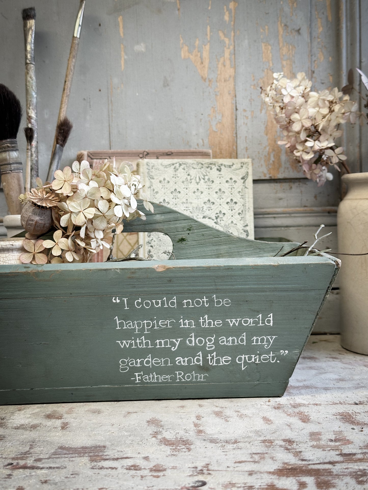 A Vintage Chippy Paint Wooden Trug With Garden Quote
