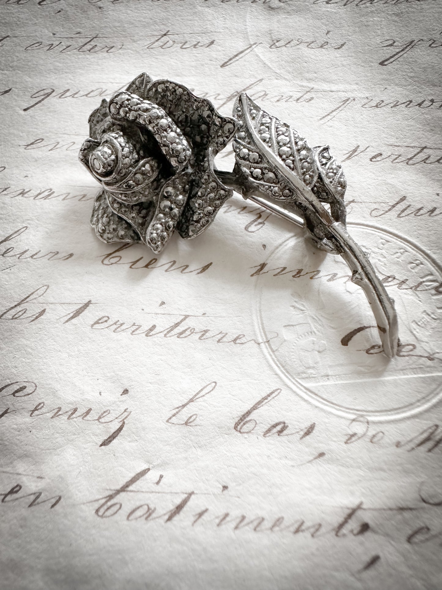 Stunning antique silver tone marcasite English Rose brooch