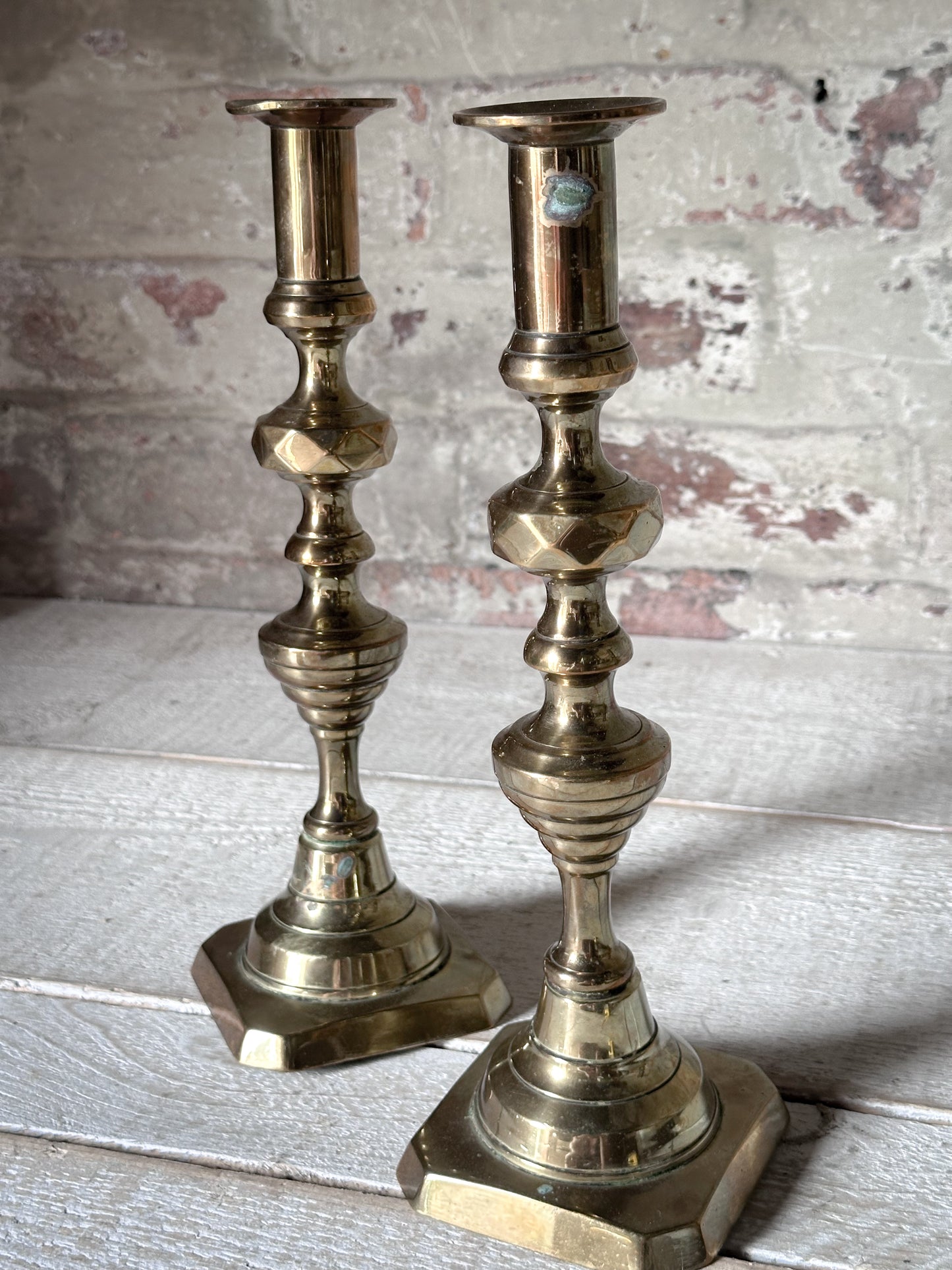 Pair of Antique Brass Push-Up Candlesticks | Victorian Edwardian Ejector Candlesticks | 30cm Tall