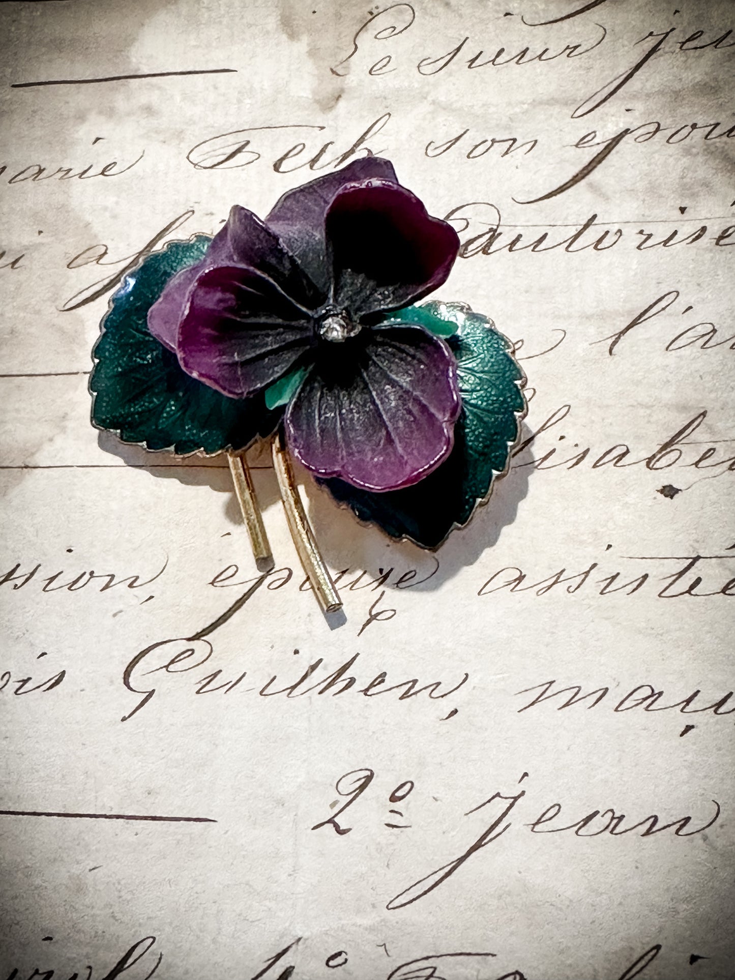 Antique suffragette enamel and cellulose violet brooch