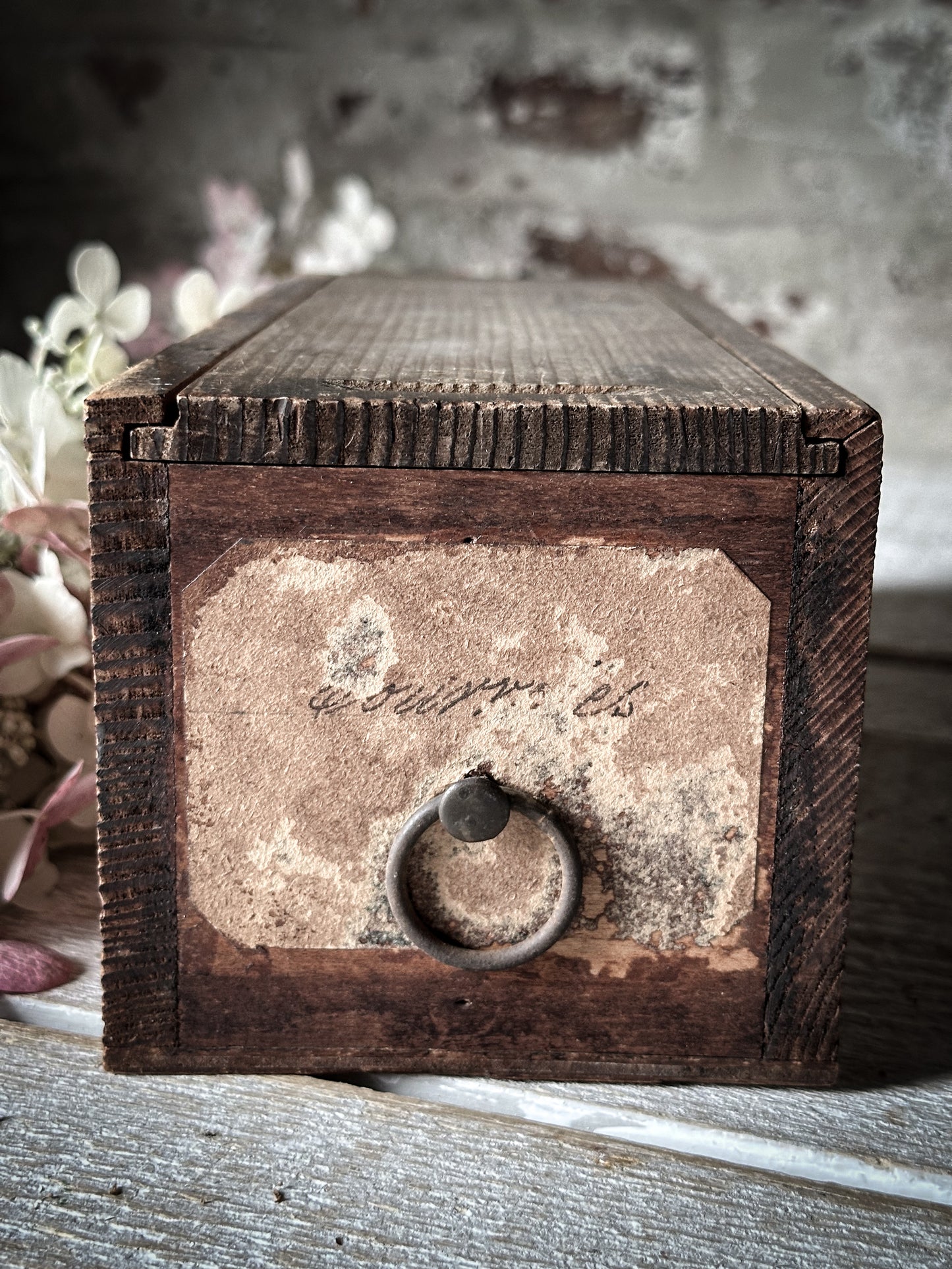 A wonderful French wooden engineer’s drawer with hand written label and sliding lid