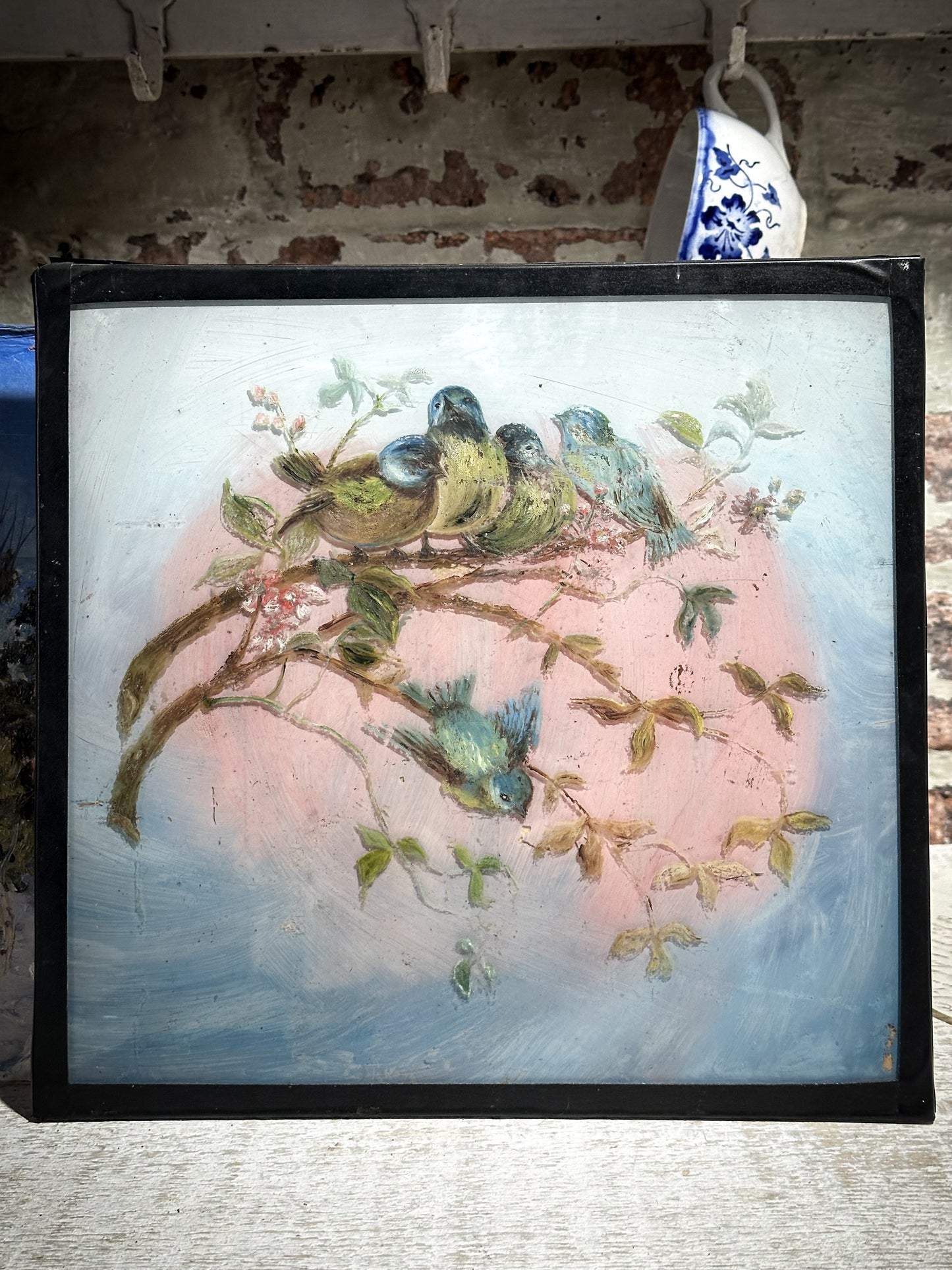 A Victorian Back Painted Glass Painting of Blue Tits