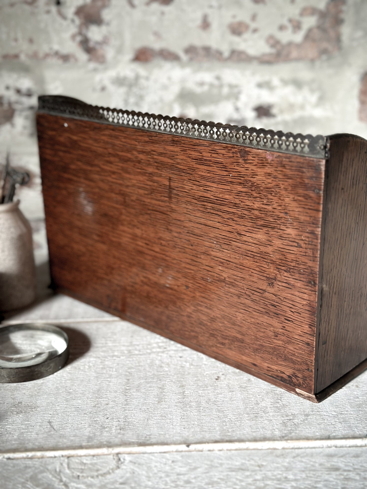 Victorian Oak Letter Rack with brass fretwork