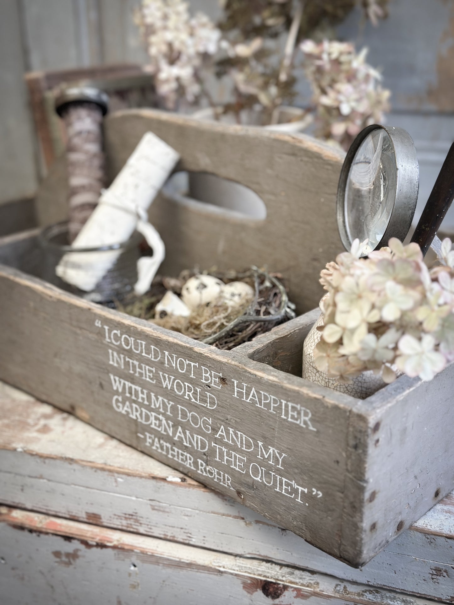 A Large Vintage French Chippy Paint Wooden Trug With Garden Quote