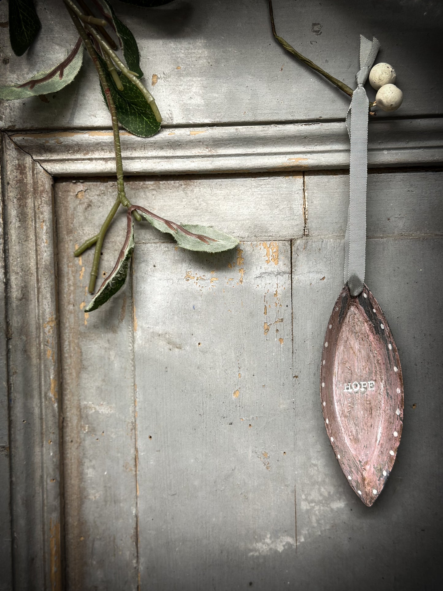 A Reworked French Patisserie Tin Christmas Decoration Stamped and Painted “Hope”