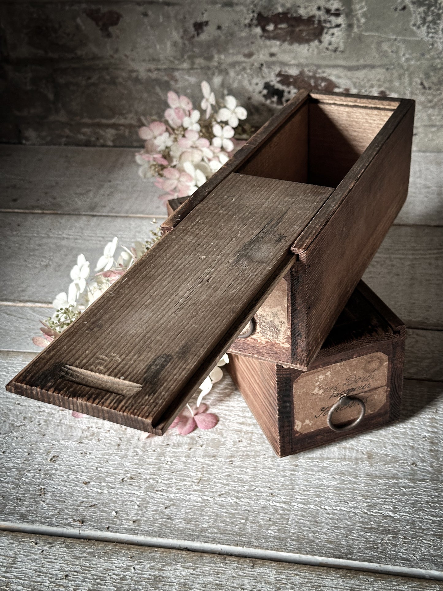 A wonderful French wooden engineer’s drawer with hand written label and sliding lid