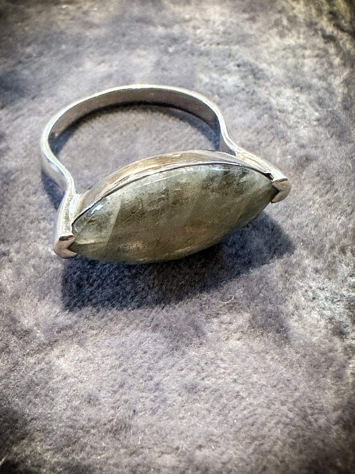 A beautiful silver rough cut Labrodite ring