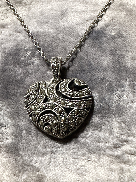 Stunning antique marcasite and jet stone heart pendant and chain