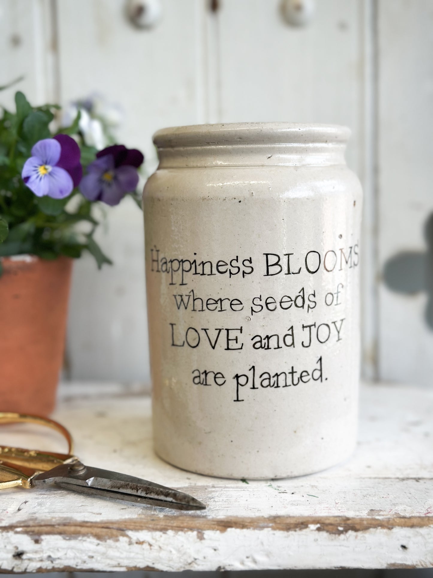 “Happiness Blooms” Large Painted Stoneware Pot