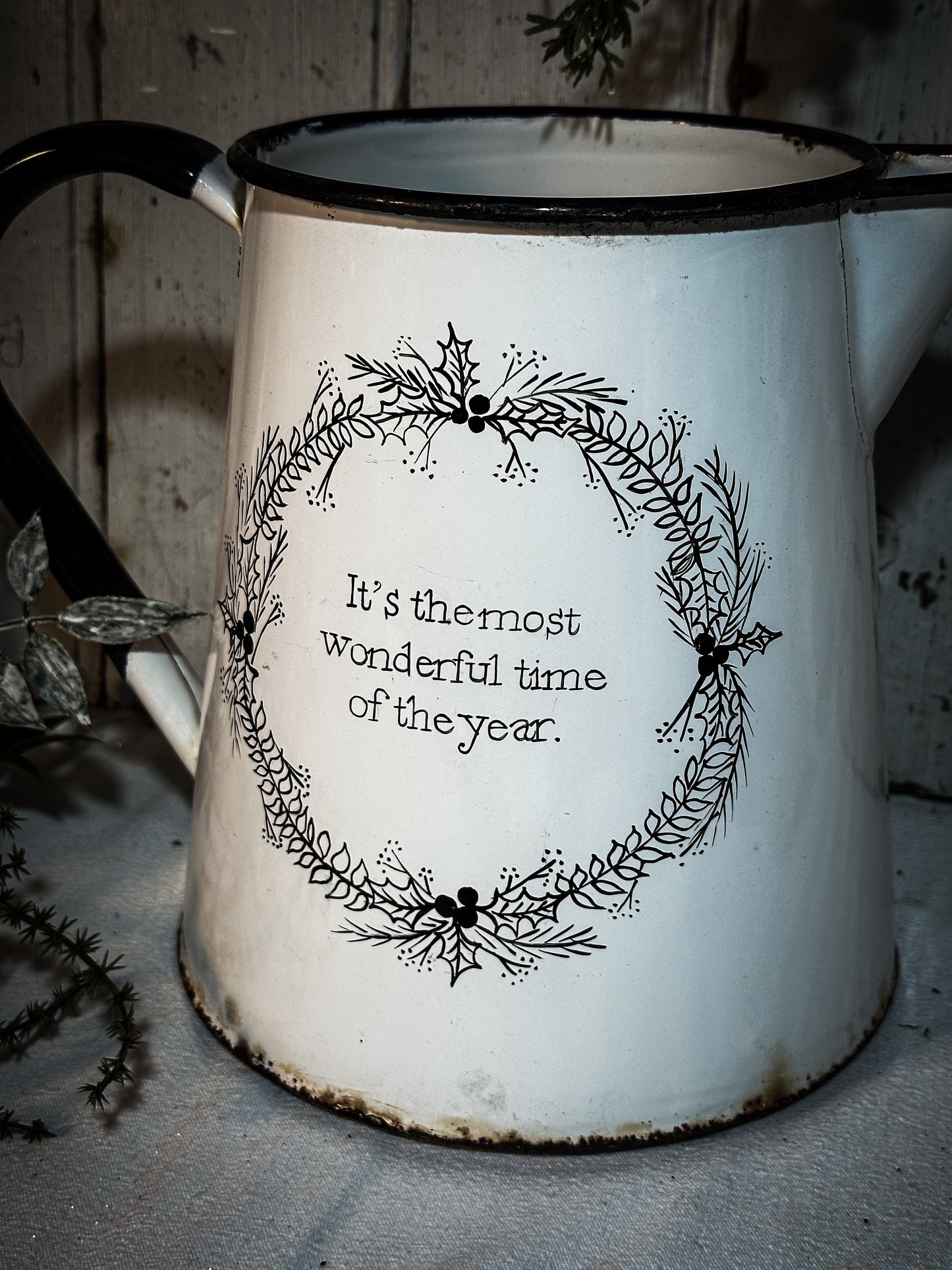 A hand painted quote on a beautiful Vintage white enamelware jug