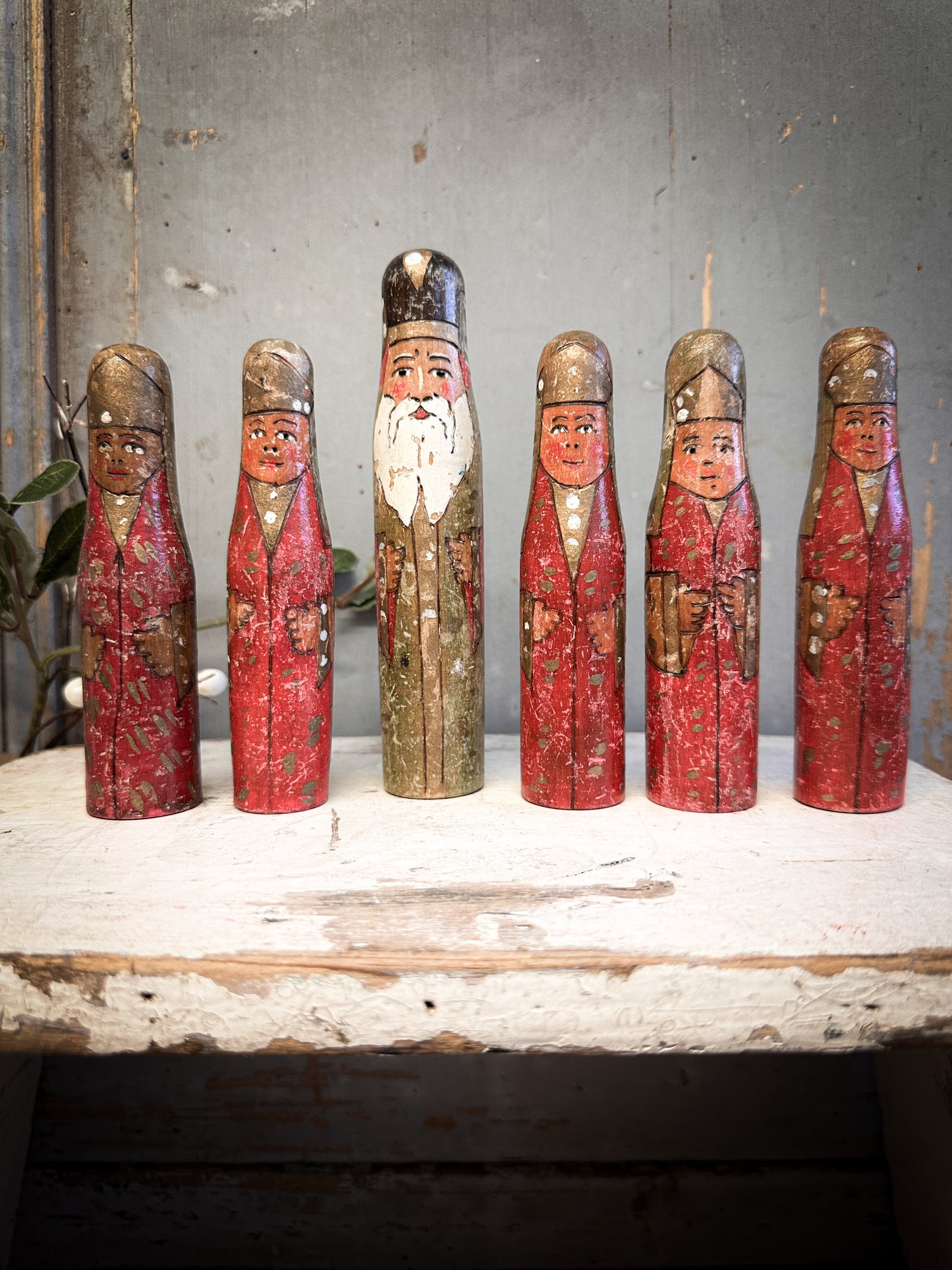 Exquisite Antique Hand-Carved Santa Figures – Set of Six (c. 1920–1930, Ex-Bletchley Museum Collection)