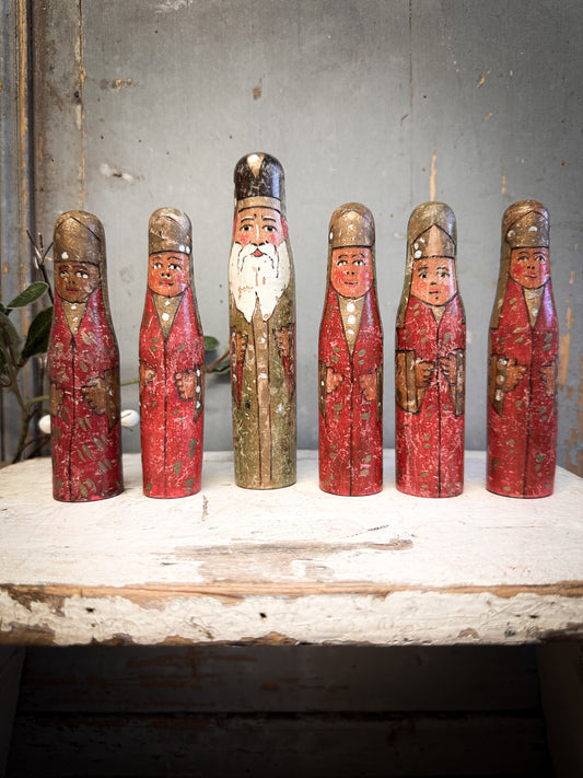 Exquisite Antique Hand-Carved Santa Figures – Set of Six (c. 1920–1930, Ex-Bletchley Museum Collection)