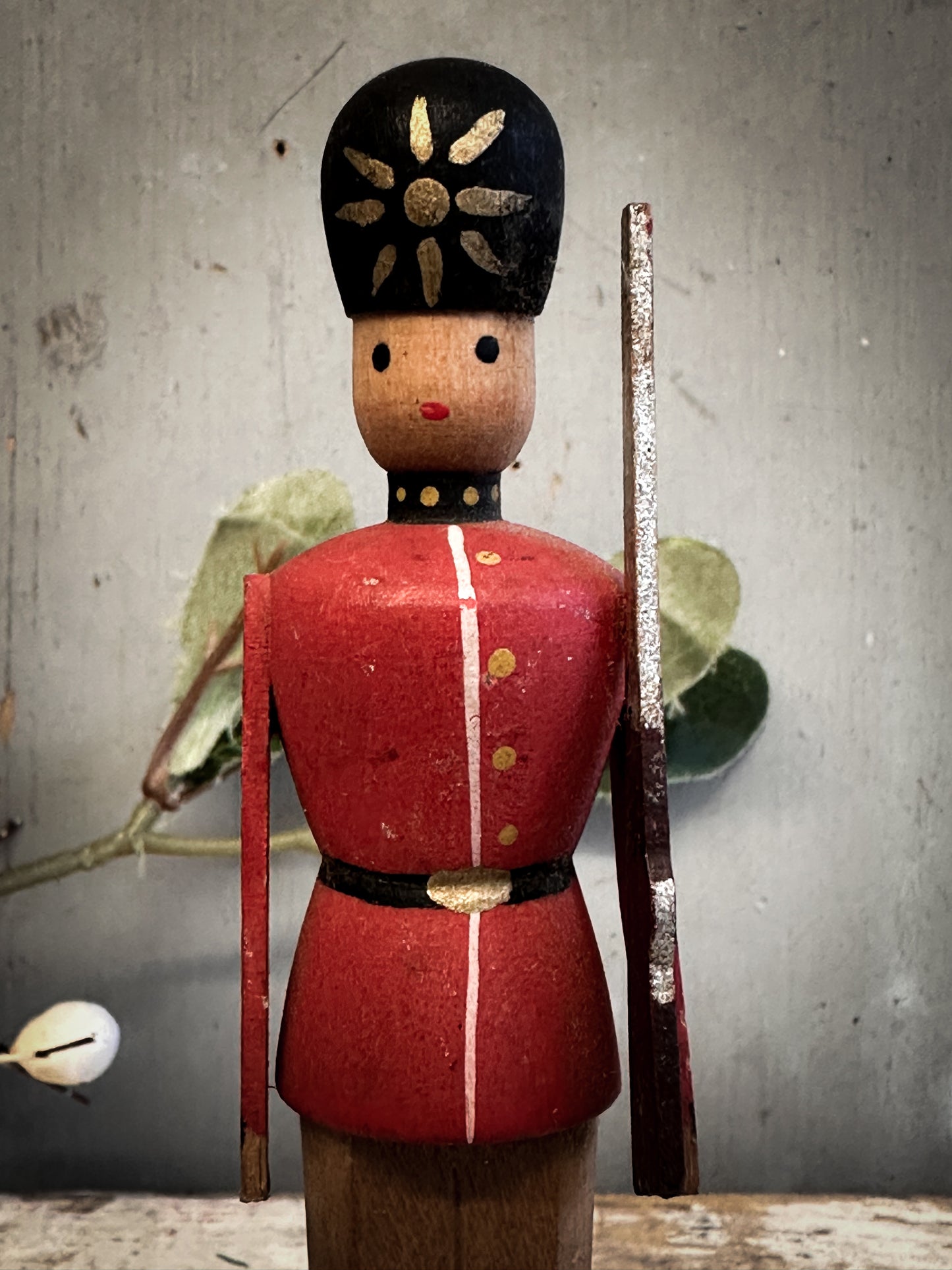 Mid-Century Hand-Painted Wooden British Guardsman (c. 1950s–1960s)
