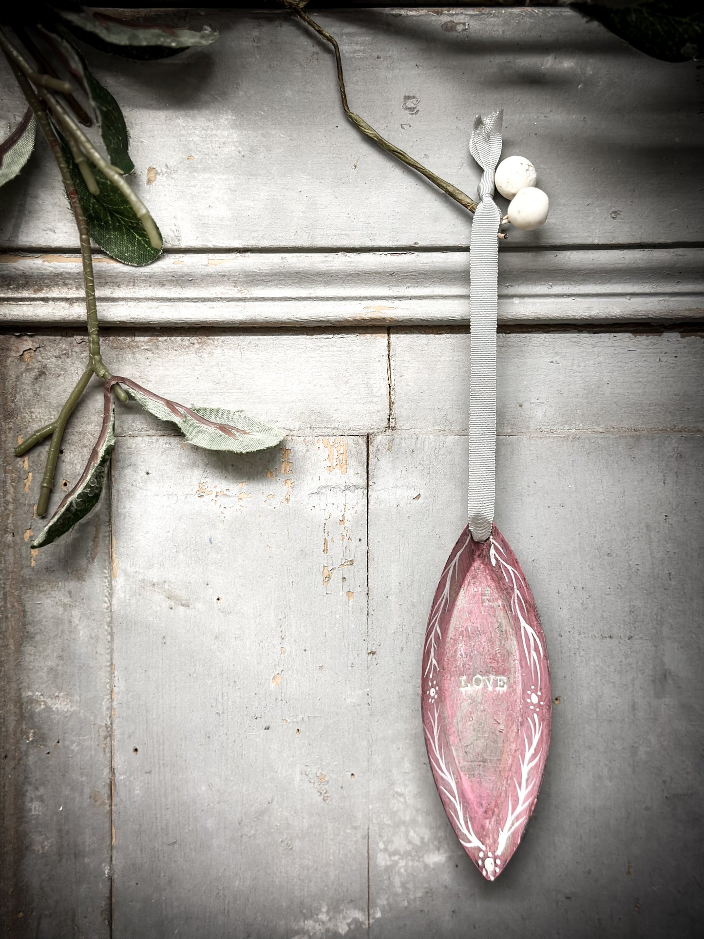 A Reworked French Patisserie Tin Christmas Decoration Stamped and Painted “love”