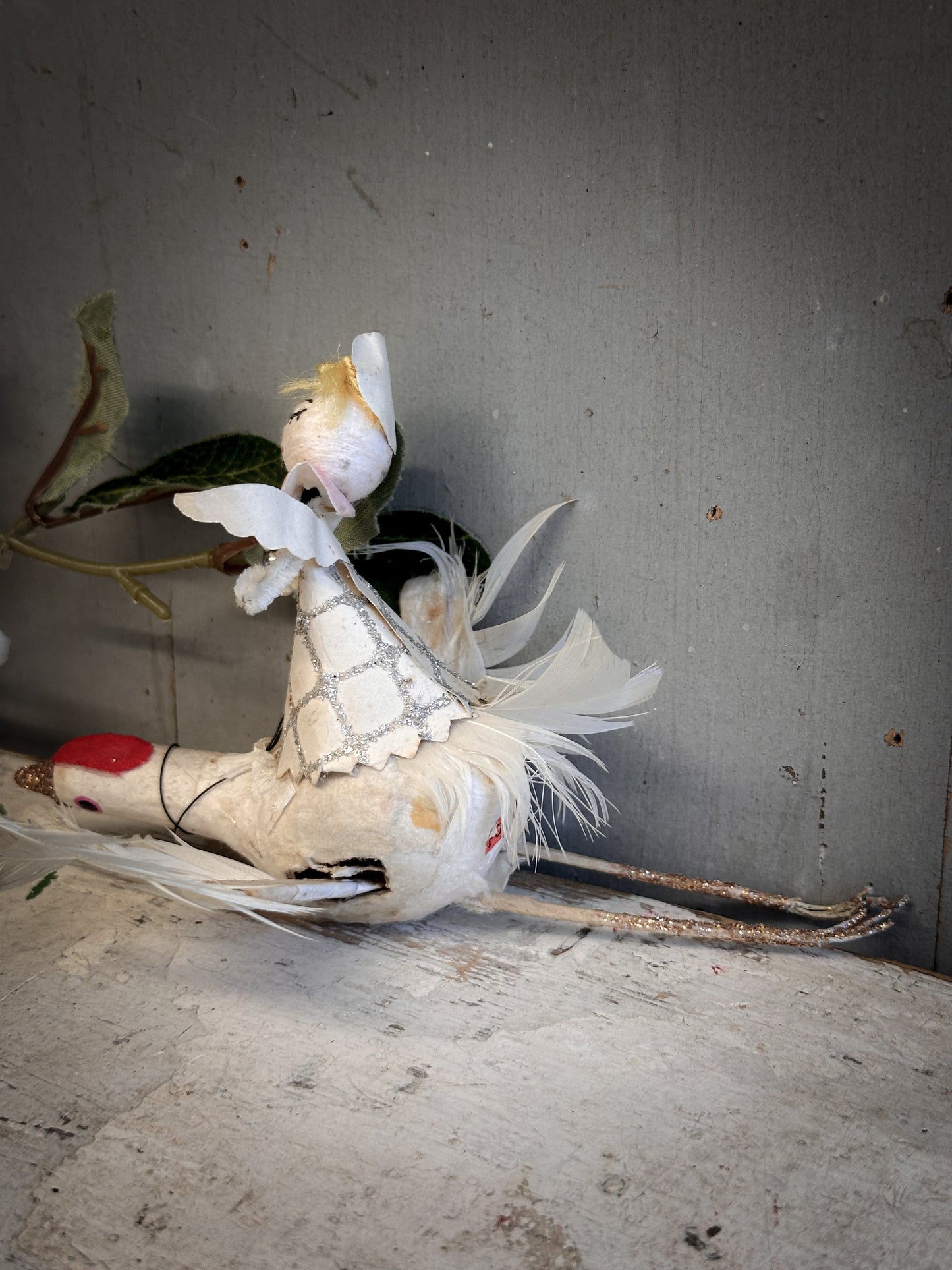 Mid-Century Japanese Spun-Cotton Angel Riding a Goose – Feather Wings & Mica Glitter – c.1950s–60s