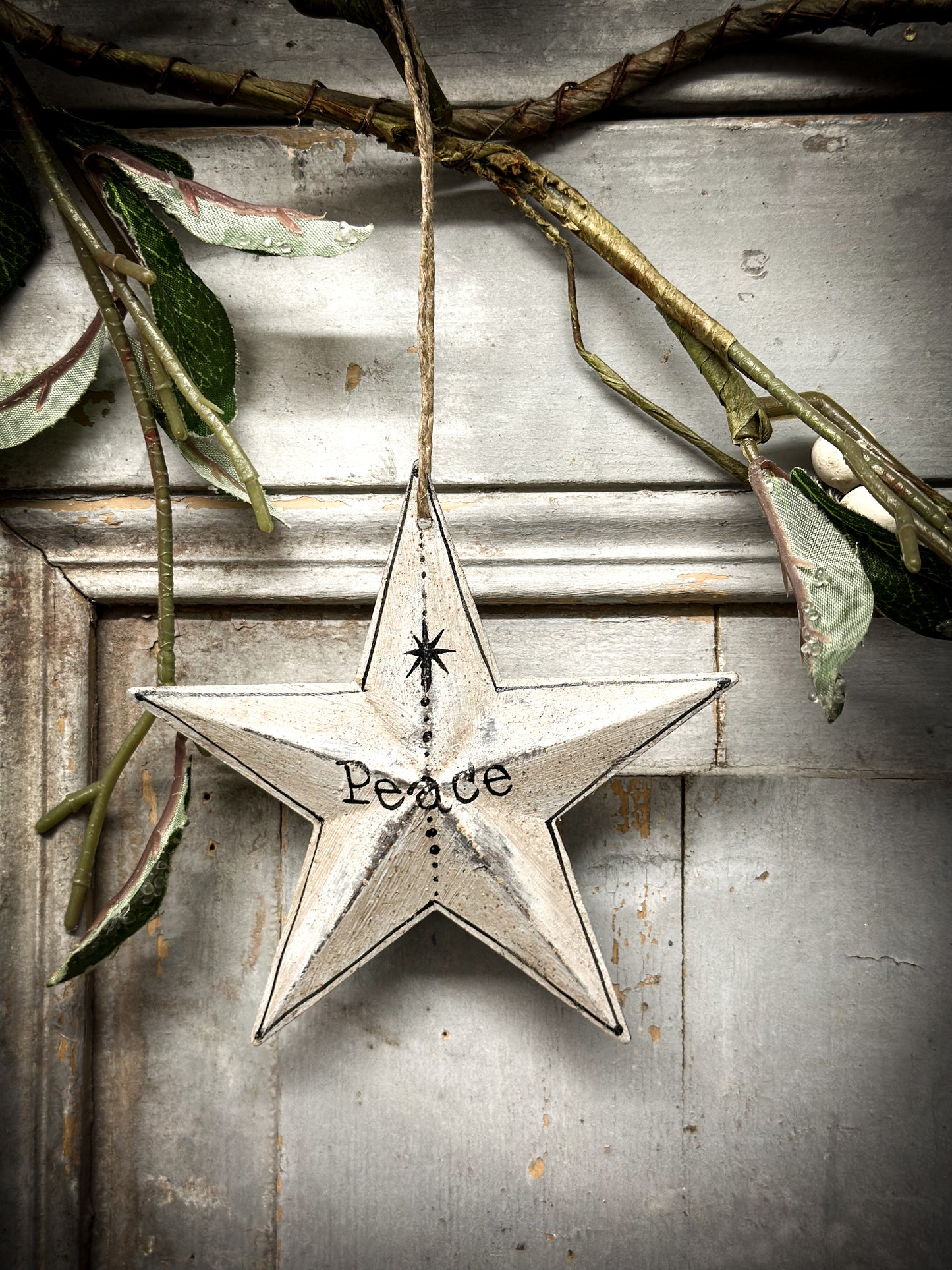 A Large Grey Tin Barn Star Christmas Decoration “Peace”
