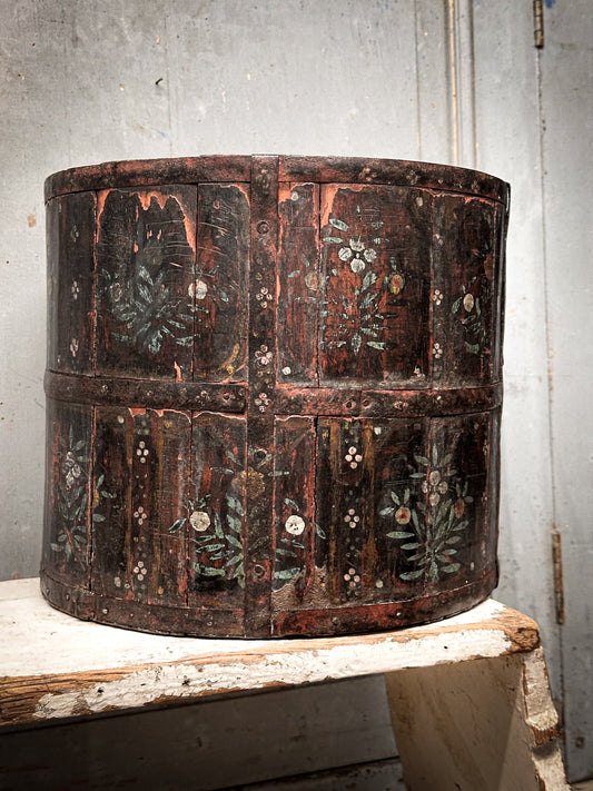 Antique Indian Coopered Storage Box, Hand-Painted with Floral Motifs