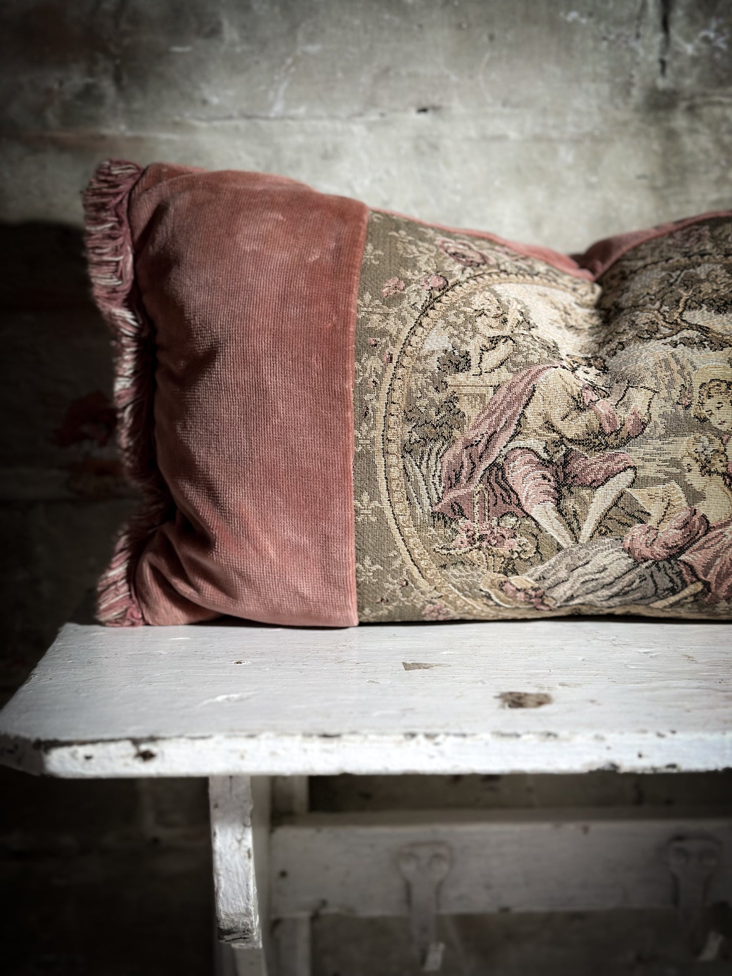 A Vintage Velvet Tapestry Fragonard Mini Bolster Cushion