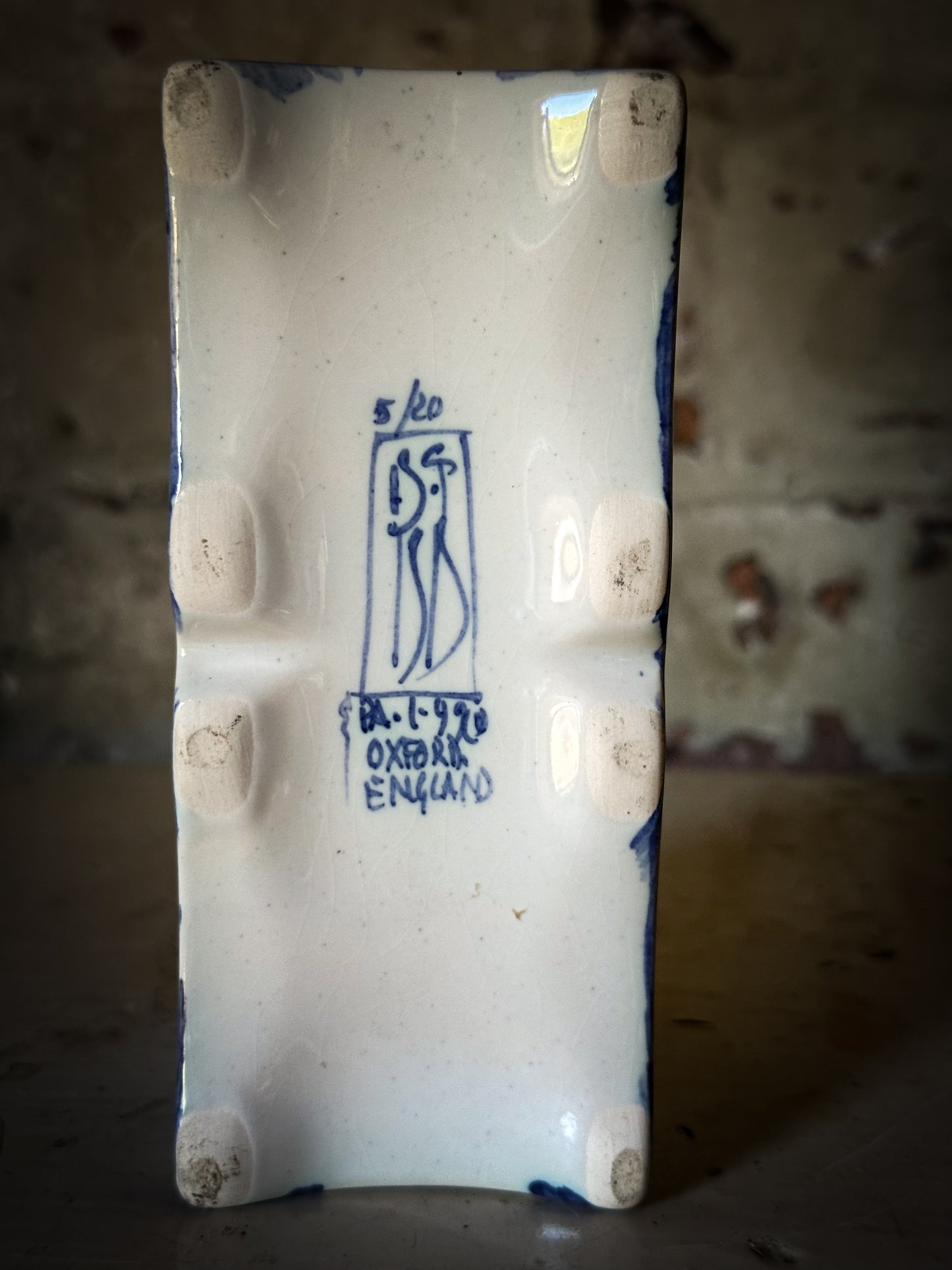 A beautiful Isis by Deborah seers Oxford, blue and white flower brick, tulipiere, flower frog, blue and white tin glaze vase